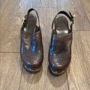 Tory Burch Dark Brown Leather Slingback Clogs